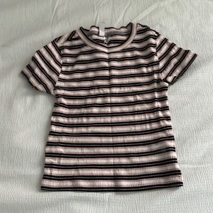 pink black and white striped shirt